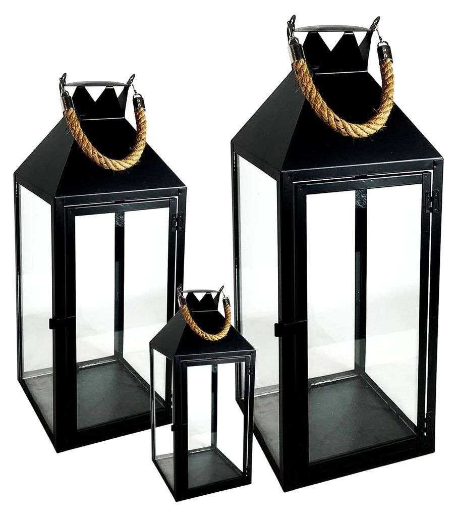 Großes 3er Set Gartenlaterne Windlicht Laternen Kerzenhalter Set Höhe 25/40/51cm mit Seilgriffen Schwarz