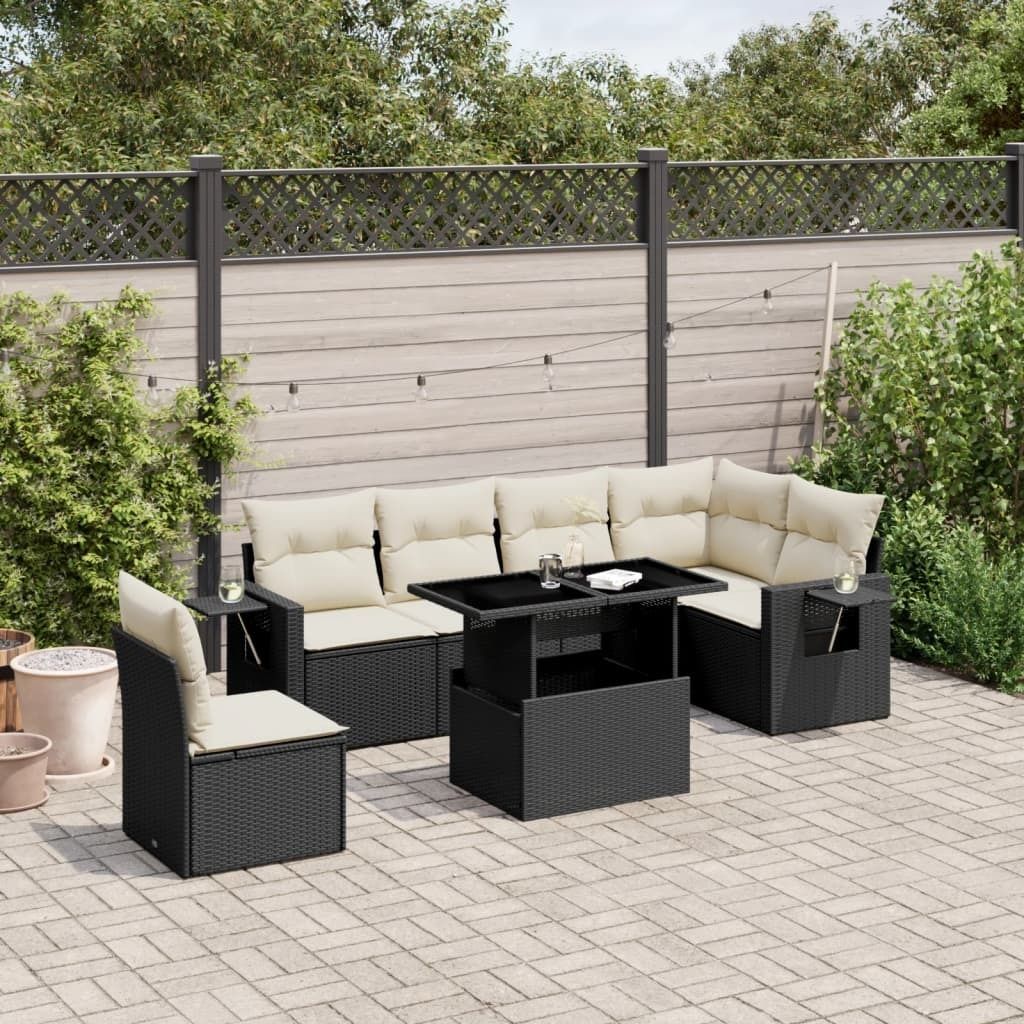 Möbel 7-tlg. Garten-Sofagarnitur mit Kissen Schwarz Poly Produktbild 