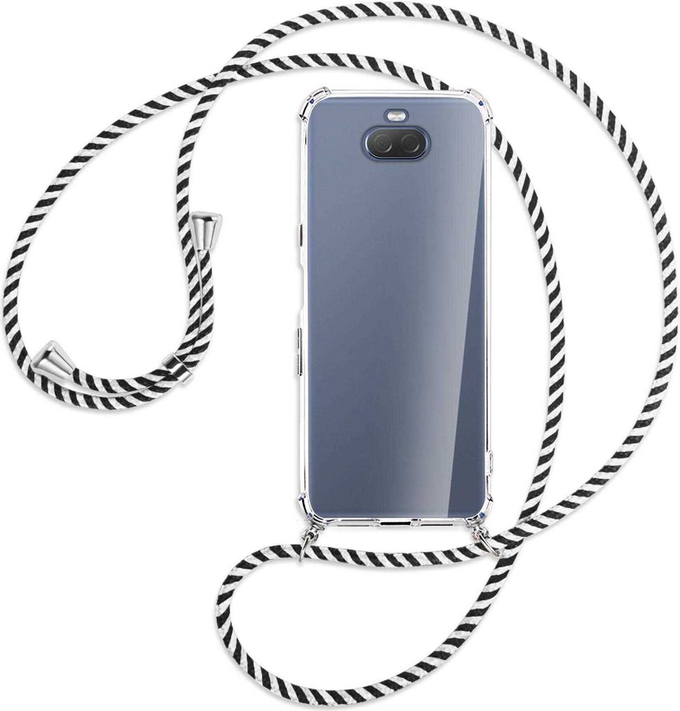 Handykette Backcover-Schutzhülle mit Band (Metall silberfarben) für Sony Xperia 10 - schwarz/weiß gestreift