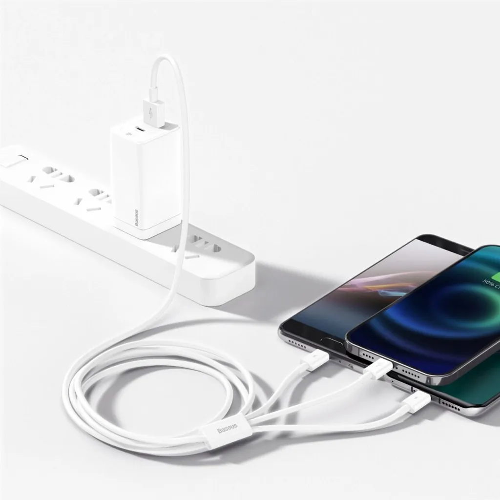 Baseus Cavo 3 in 1 USB a Lightning Micro USB e Type-C 3.5A 1M Bianco - 12