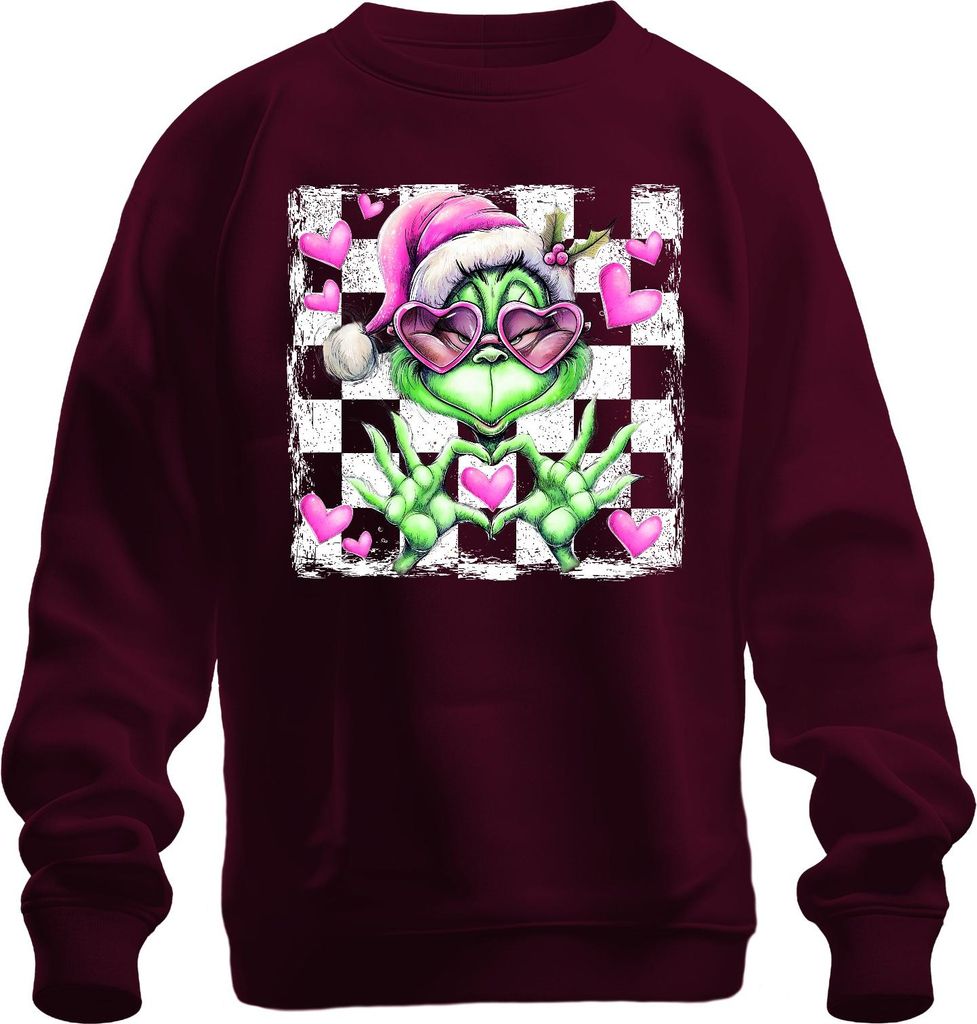 Grinch Herzbrille rosa Weihnachtshut Herzen Valentinstag Retro Uni Sweatshirt Pullover, Burgundy, L
