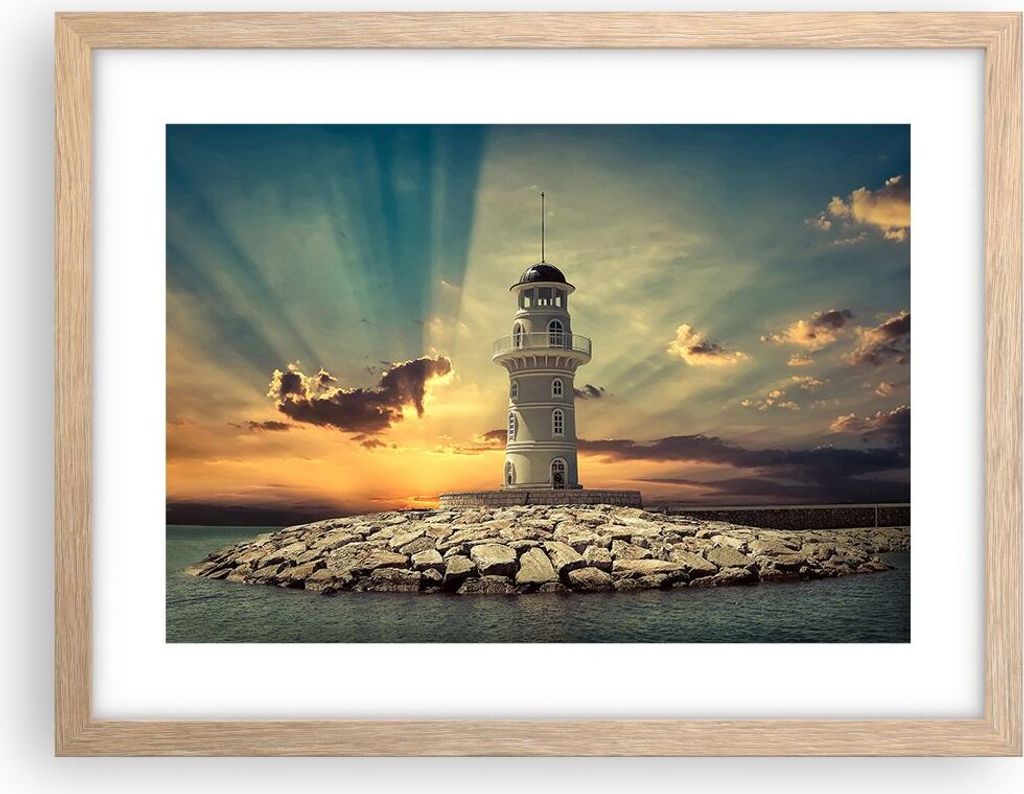 Gerahmtes Poster - Rahmen in heller Eiche - Leuchtturm Wasser Meer Steine - 40x30 cm - Wand Bild - Wanddeko - Wandbilder - Wandposter - Bilderrahme...