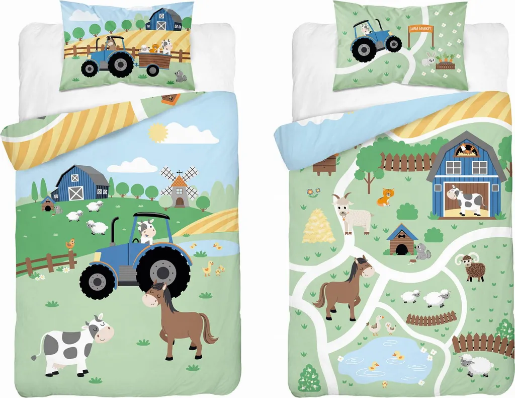 Linge de lit enfant 90x120 cm en coton motif tracteur et ferme Mayamoo