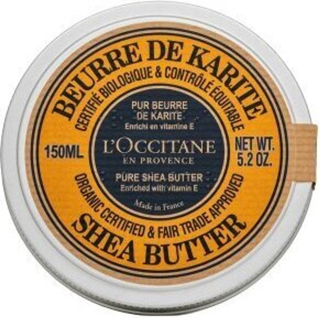 A top-down view of a round metal tin of L'Occitane Shea Butter.
