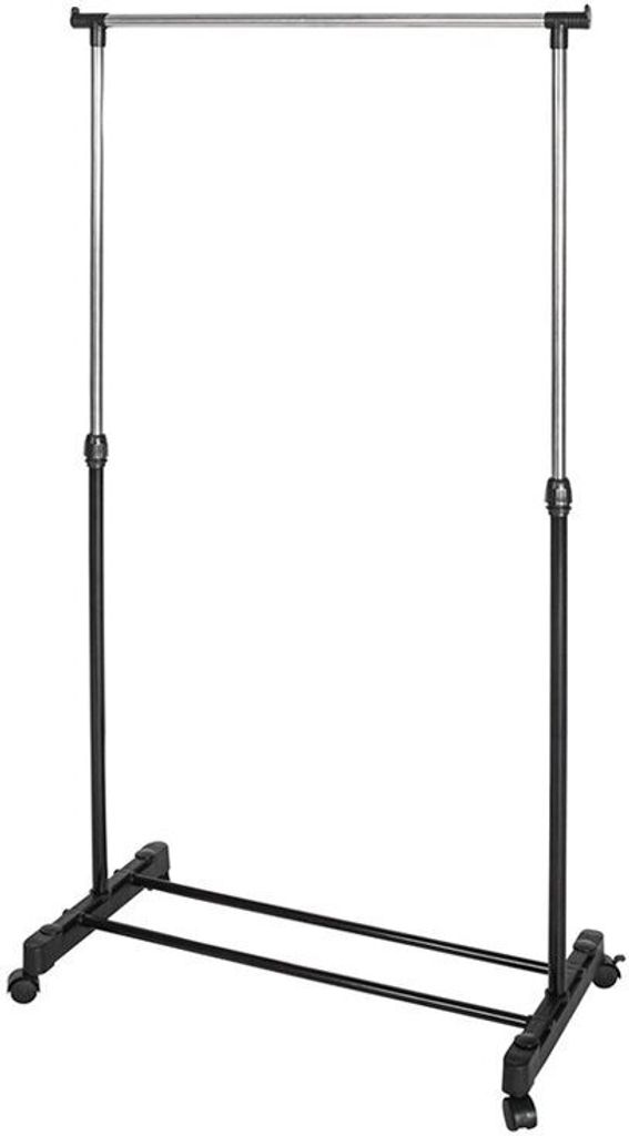 A rolling garment rack with adjustable height.