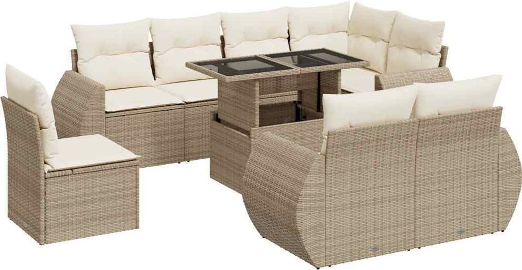 vidaXL 9-tlg. Garten-Sofagarnitur mit Kissen Beige Poly Rattan