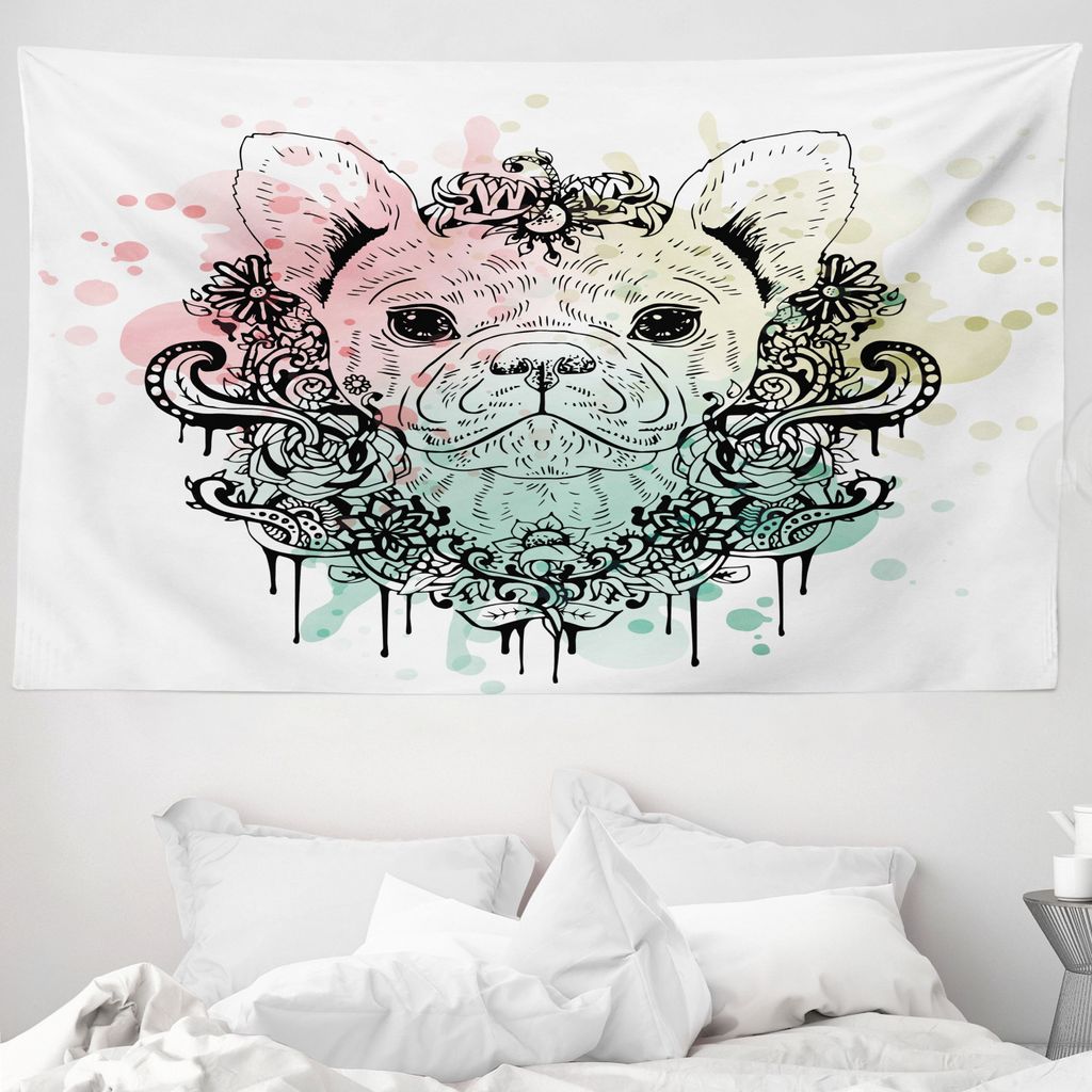 ABAKUHAUS Tier Wandteppich, Französisch Bulldog Blumen aus Weiches Mikrofaser Stoff Waschbar ohne Verblassen Digitaldruck, 230 x 140 cm, Hellgrün...