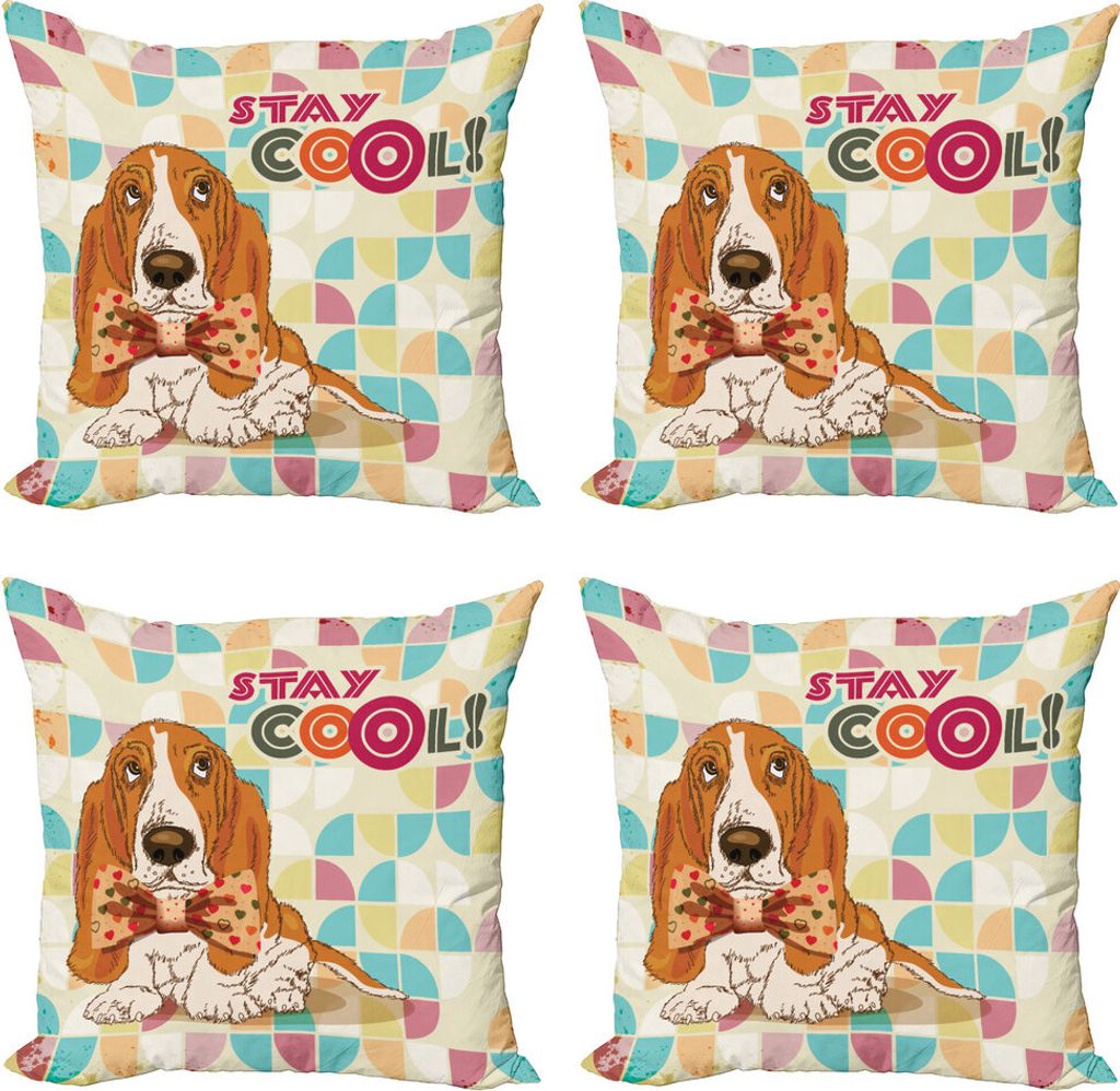 ABAKUHAUS Bleib ruhig Kissenbezug Set (4 Stück), Basset Hound Dog mit Bogen, Moderner Doppelseitiger Digitaldruck, 60 cm x 60 cm, Mehrfarbig
