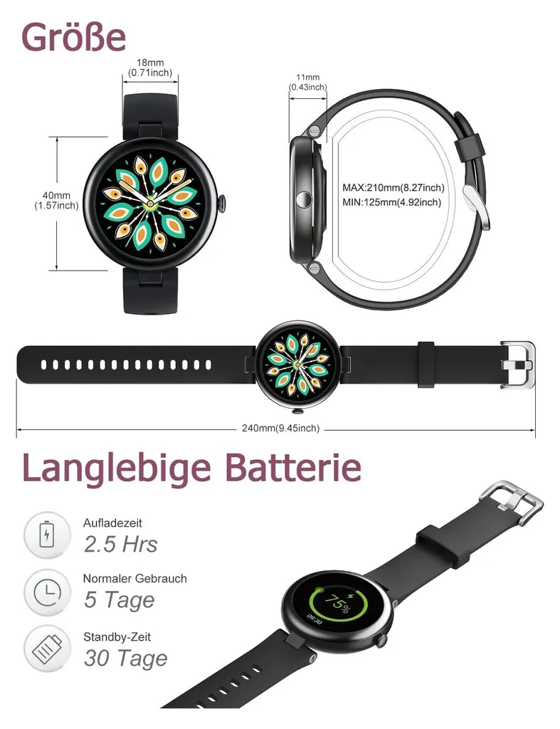 Smartwatch da donna, piccolo touchscreen da 1,1 pollici con contapassi, monitoraggio del sonno, monitoraggio SpO2, monitoraggio della frequenza cardiaca, Android IOS (Schrawz) - 8