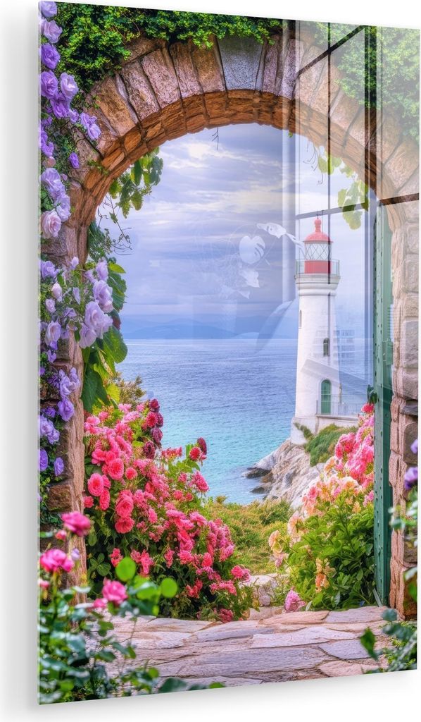 MuchoWow Glasbilder - Bilder auf Wandbild - Foto auf Glas Durchblick - Leuchtturm - Blumen - Aussicht 60x90 cm Wanddekoration aus Glas - Acrylglasb...