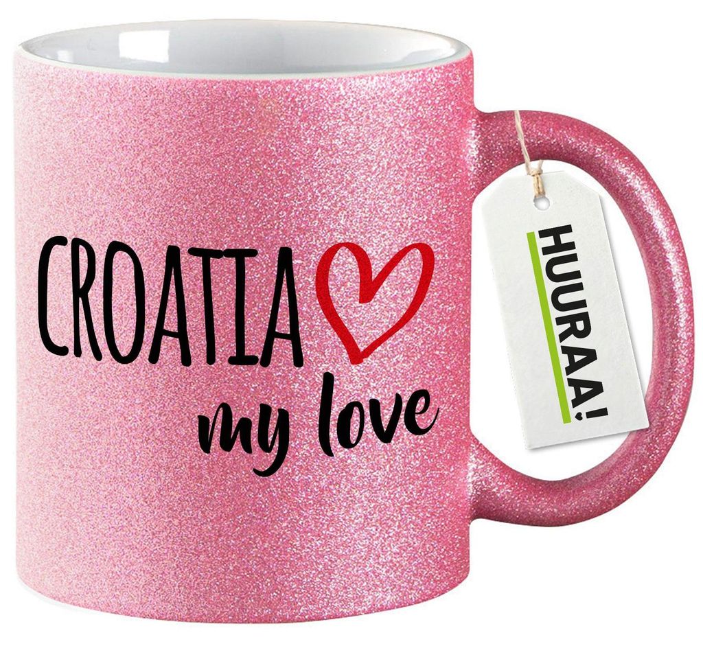 Huuraa Glitzertasse Croatia my love 330ml Pink Keramik Kaffeebecher Geschenkidee