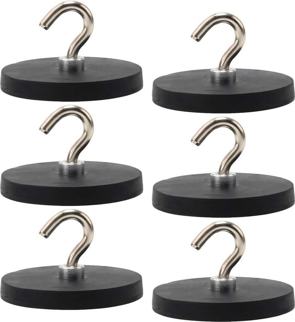 6 Stück schwarze Magneethaken 43 mm starke Magnete mit Haken stanzfrei gummierte Magneethaken extra stark 10 kg Magneethalter für Eisen Türen K...