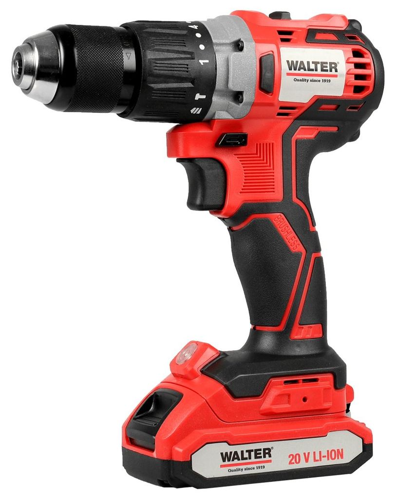 WALTER Li-Ion Akku-Schlagbohrschrauber Brushless 20V, 16 Drehmomentstufen, LED-Arbeitsleuchte, inkl. 1,5 Ah Akku, Schnellladegerät, Zubehörset, G...