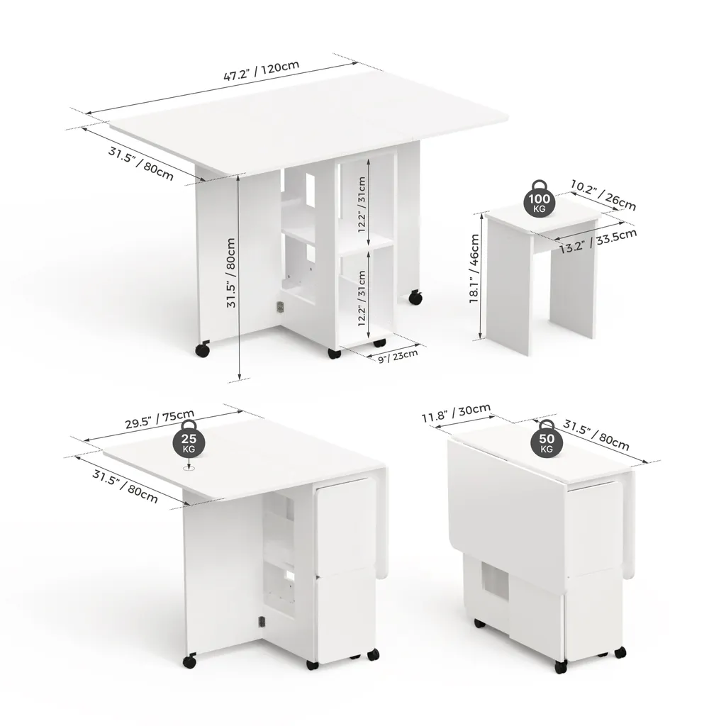 Table à Manger Gain de Place avec 4 Tabourets Encastrables, Blanc - 4