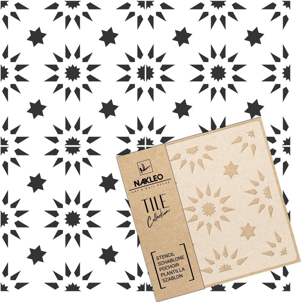 Tile Fliesen Schablone zum Malen 45x45 cm, Aldeia Sonne Geometrischer Stern Dreieck Modern, Kunststoff Wiederverwendbare Bodenschablone DIY