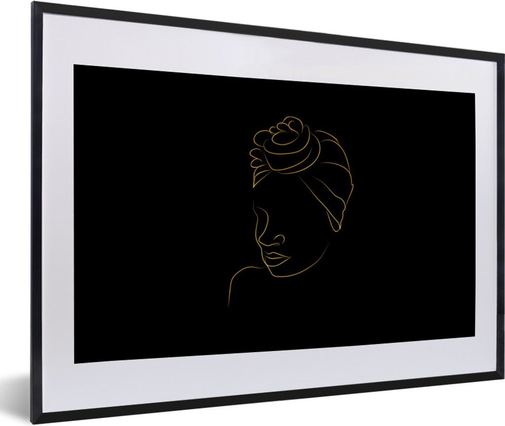 MuchoWow Gerahmtes Poster Frau - Kopftuch - Gold - Schwarz 60x40 cm - Poster mit Schwarzem Bilderrahmen Wandposter Rahmen Foto Bilder - Schlafzim...
