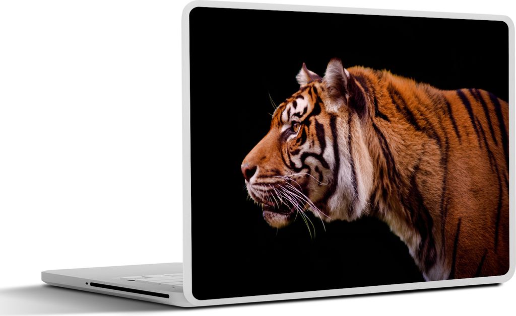 MuchoWow Laptop Aufkleber Sticker Cover Seitenansicht eines Tigers auf schwarzem Hintergrund 30x22 cm - Laptop-Sticker