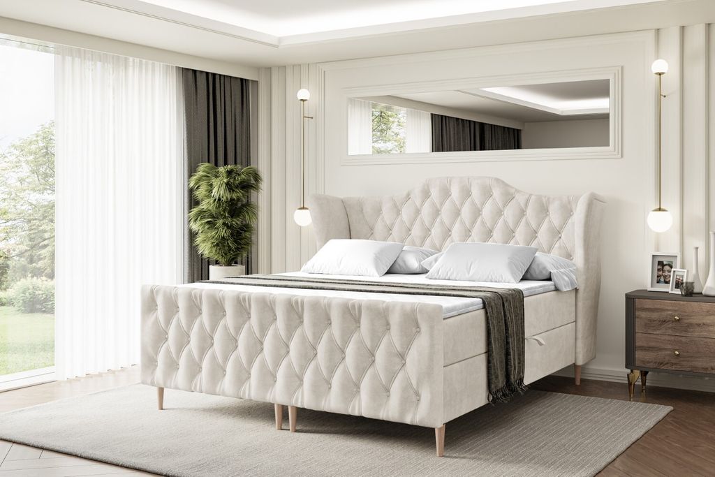 ALTDECOR Boxspringbett mit Holz Füßen, Matratze und Lattenrost, Topper, Fußteil, Polsterbett mit Bettkasten, Bett mit Stauraum H3-Matratze, Dopp...