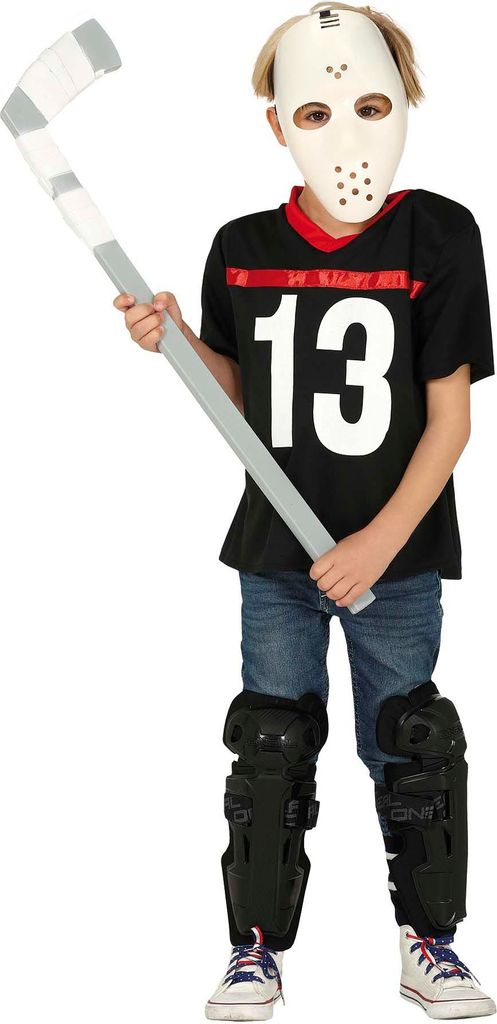 Halloween Hockey Maske Sport Outfit Kostüm Set Grusel Maske Schläger Spass, Größe: 110/116 Farbe: Schwarz