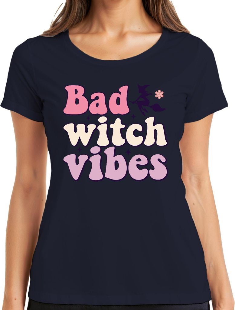 Bad witch vibes Hexe Halloween Hexenbesen magisch retro süß cool Damen T-Shirt, Navy, L