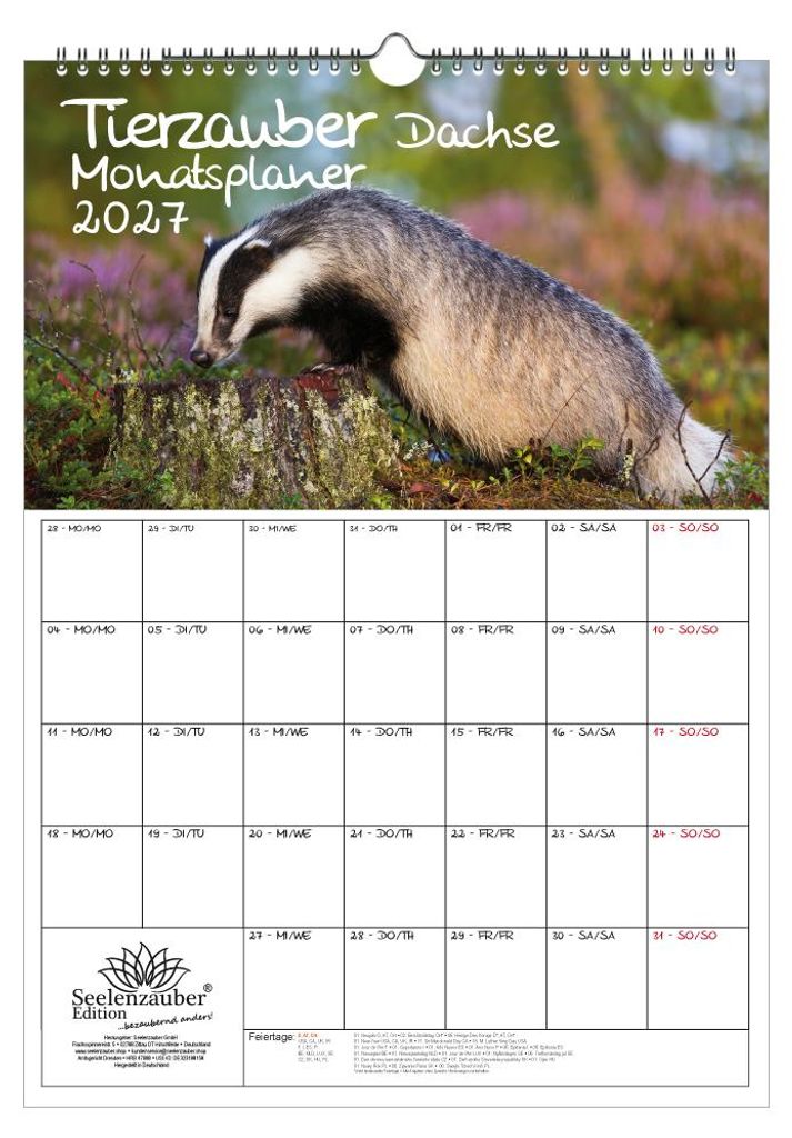 Tierzauber Dachse Planer DIN A3 Kalender für 2027 Wald Natur Baum - Geschenkset Inhalt: 1x Kalender, 1x Weihnachtsanhänger (insgesamt 2 Teile)