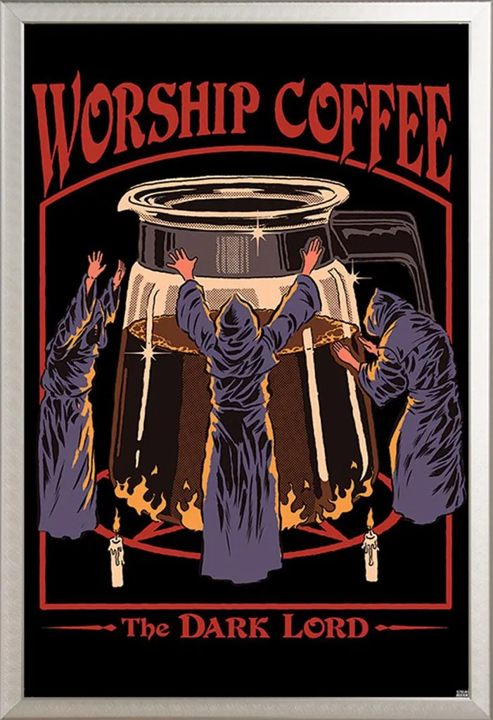 Steven Rhodes - Poster - Worship Coffee + cornice rimovibile, Shinsuke® Maxi alluminio argento, vetro acrilico