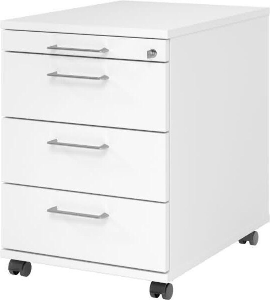 Rollcontainer 58cm 3 Schübe Schloss Bügelgriff Weiß