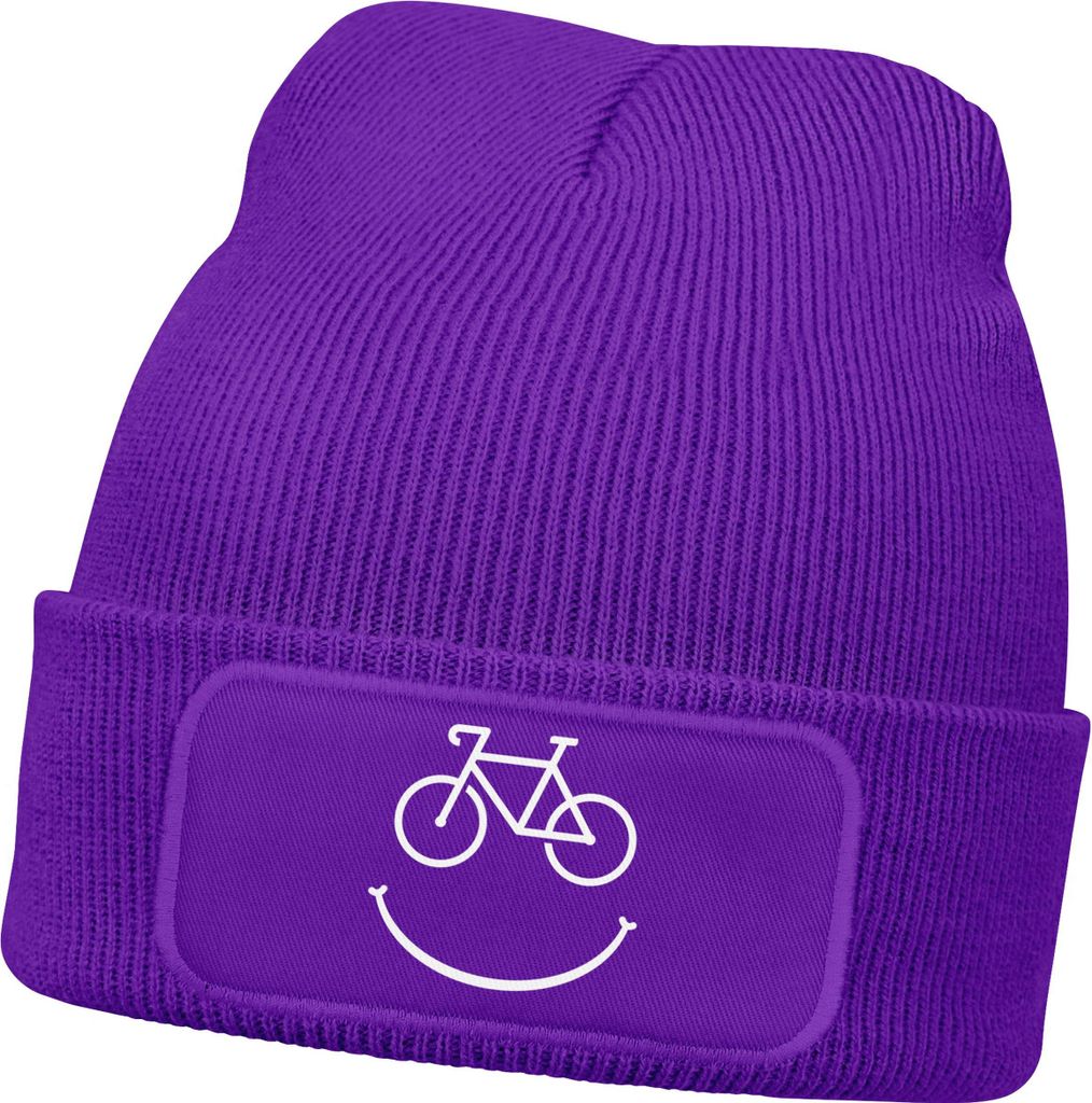 Damen Beanie mit Patch Strickmütze mit Spruch Aufdruck Lustig Fahrrad Bike Smile Damenmütze Moonworks