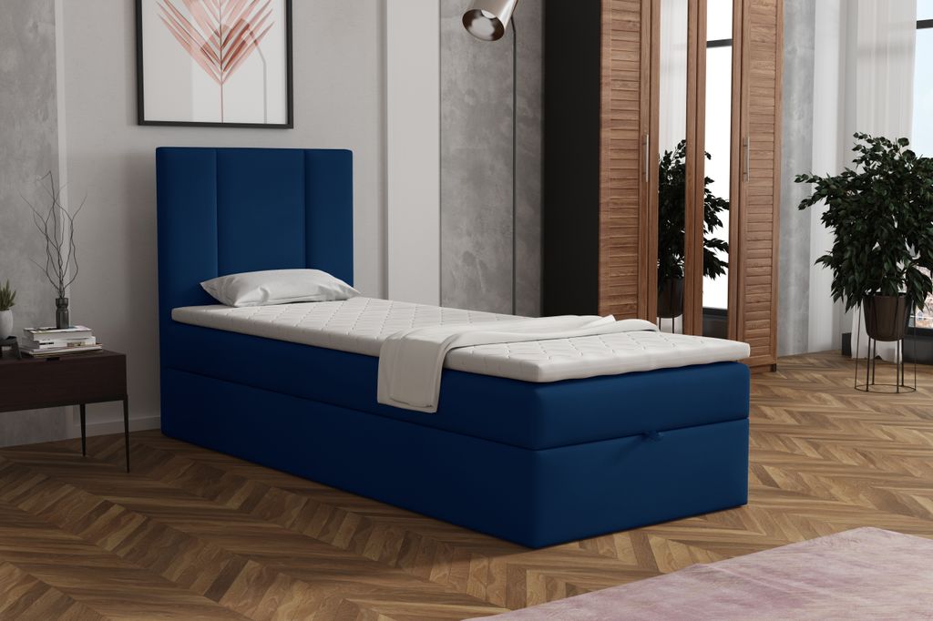 MR GROUP Boxspringbett Alta 70x200 cm Kinderbett, Jugendbett, Einzelbetten, Bett mit Stauraum, Polsterbett Matratze Topper H3 Schlafzimmer, dunkelblau