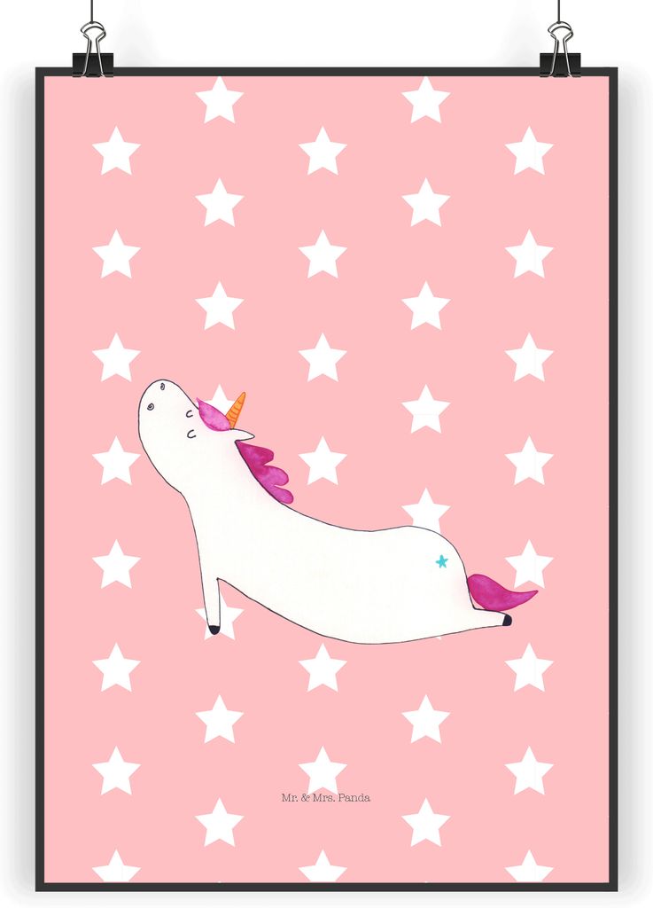 Mr. & Mrs. Panda Bild Einhorn Yoga DIN A3 - Rot Pastell - Geschenk, wanddeko, Süß, Plakat, Wandbild, Yogamatte, Achtsamkeit, Unicorn, Wanddekorat...