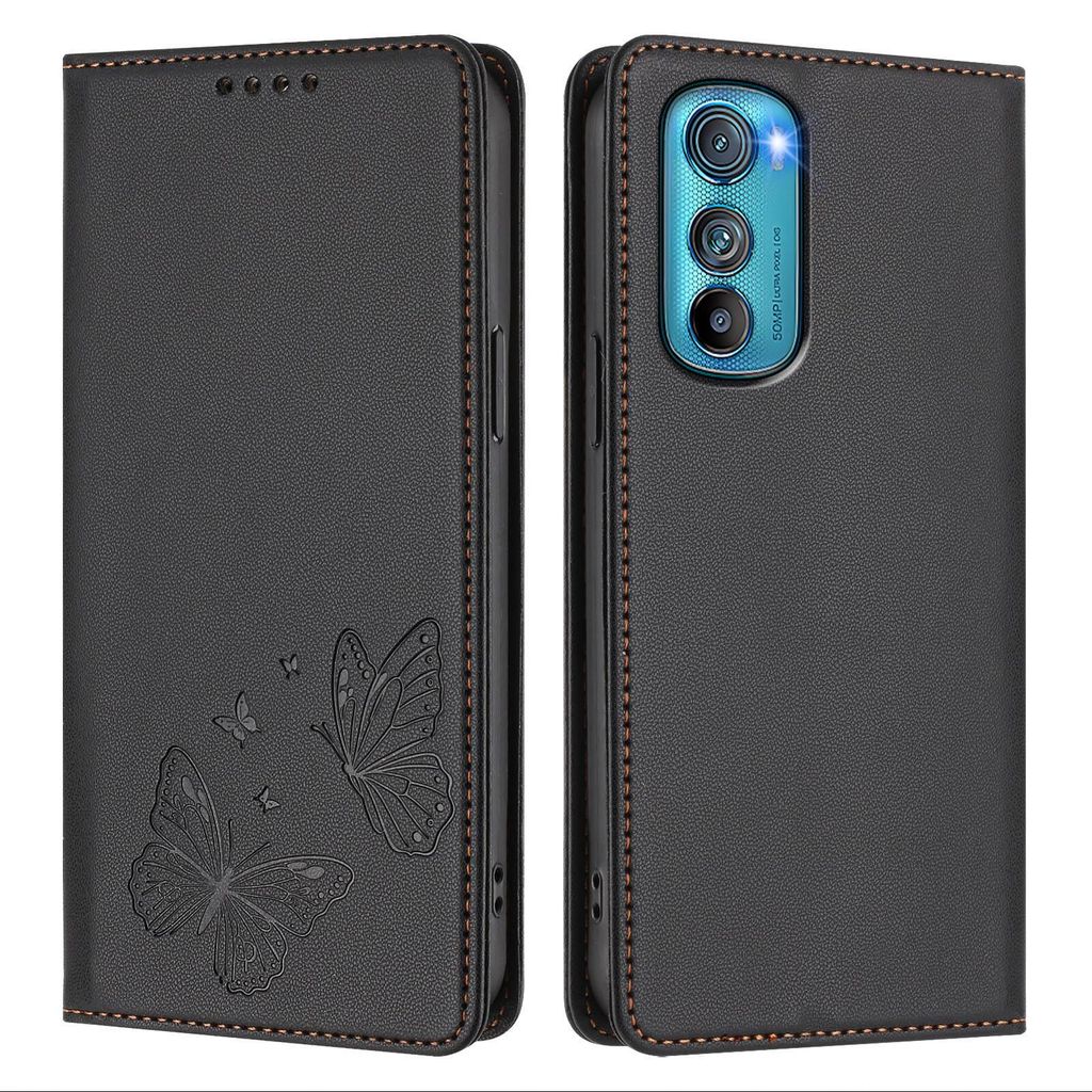 Lederhülle für Motorola Edge 30, Schmetterling Prägung Leder Brieftasche Schutzhülle mit Ständer Schwarz
