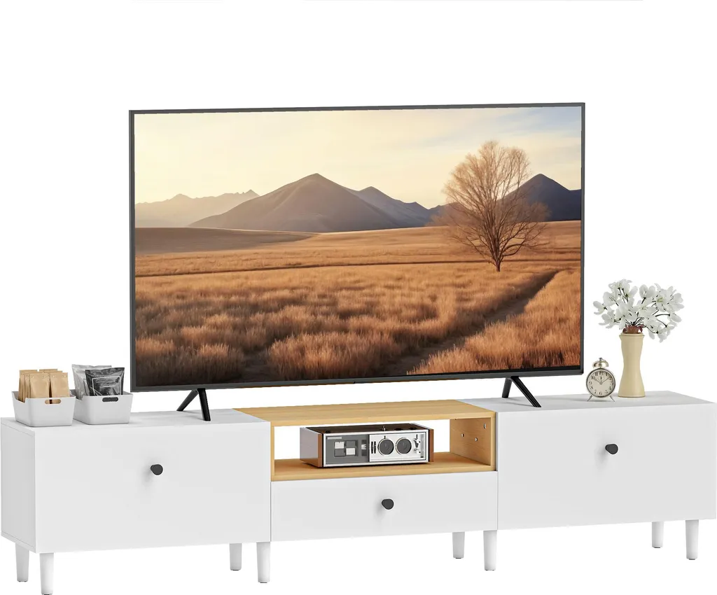 Grand Meuble TV pour Salon Moderne avec Rangement Multimédia Blanc
