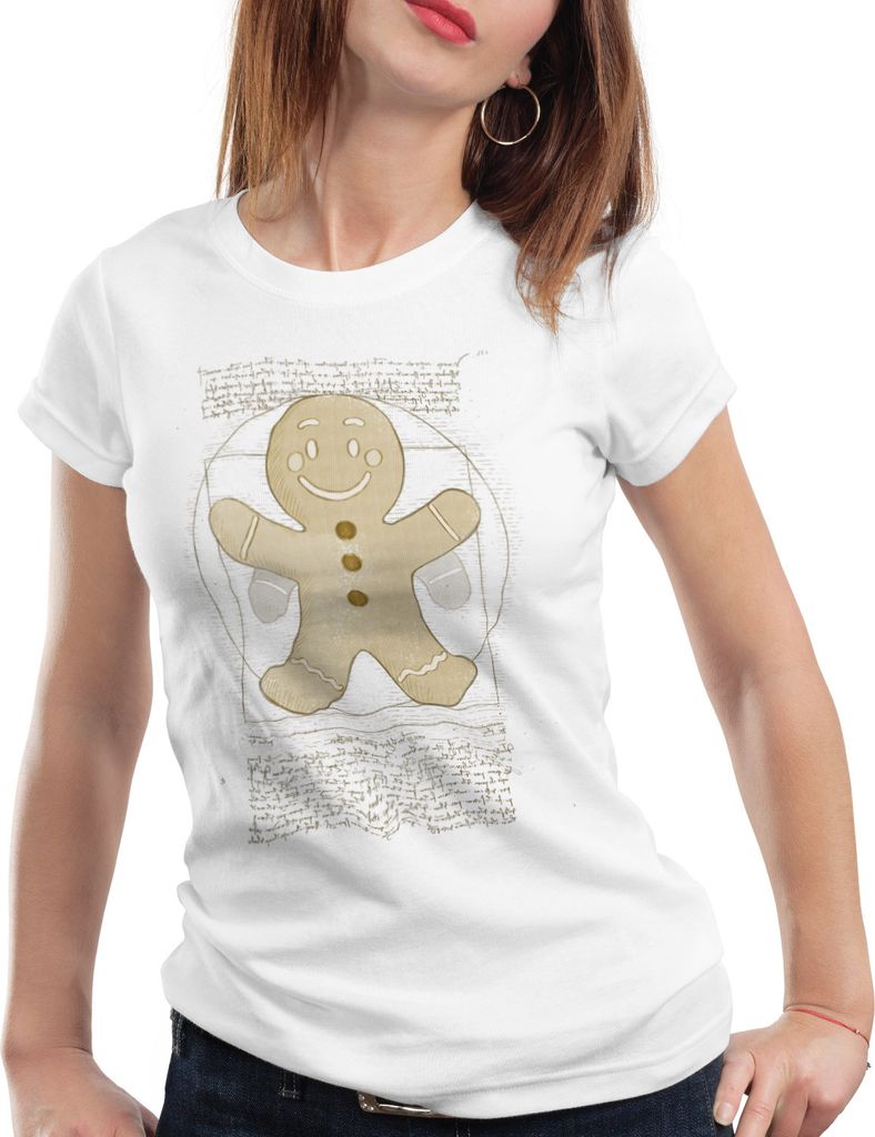 style3 Vitruvianischer Lebkuchenmann Damen T-Shirt weihnachtsmarkt pfefferkuchen, Farbe:Weiß, Größe:L