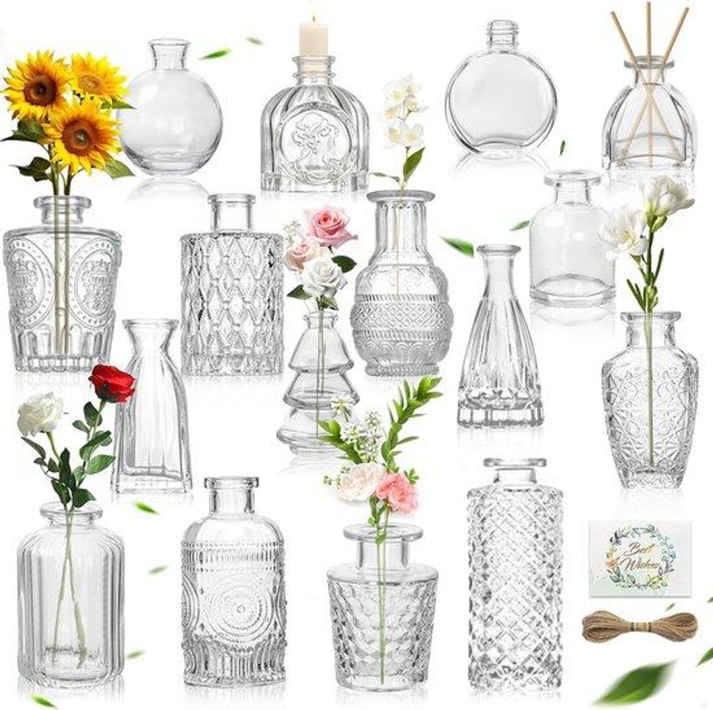 Famanu Mini-Glasvazenset 16 Stück - Vintage Stil mit Jutekoord