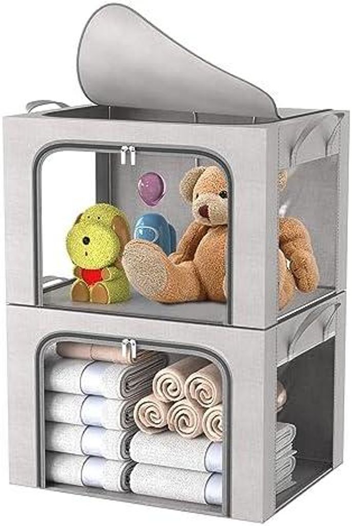 2 Stš¹ck Aufbewahrungsbox kleidung, Faltbare Kleideraufbewahrung Box mit Metallrahmen und 3 Fenster, Aufbewahrungstasche fš¹r Bettdecken Decken...