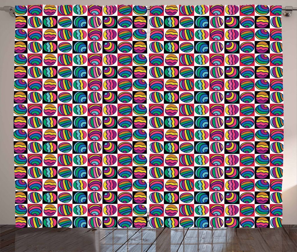 ABAKUHAUS Bunt Rustikaler Vorhang, Checkered Doodle Eggs, Wohnzimmer Universalband Gardinen mit Schlaufen und Haken, 280 x 175 cm, Mehrfarbig