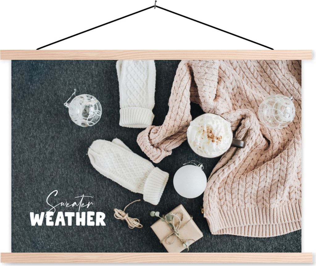 MuchoWow Textilposter Winter - Christbaumkugeln - Zitat 60x40 cm mit holzfarbenen Rahmen - Bilder