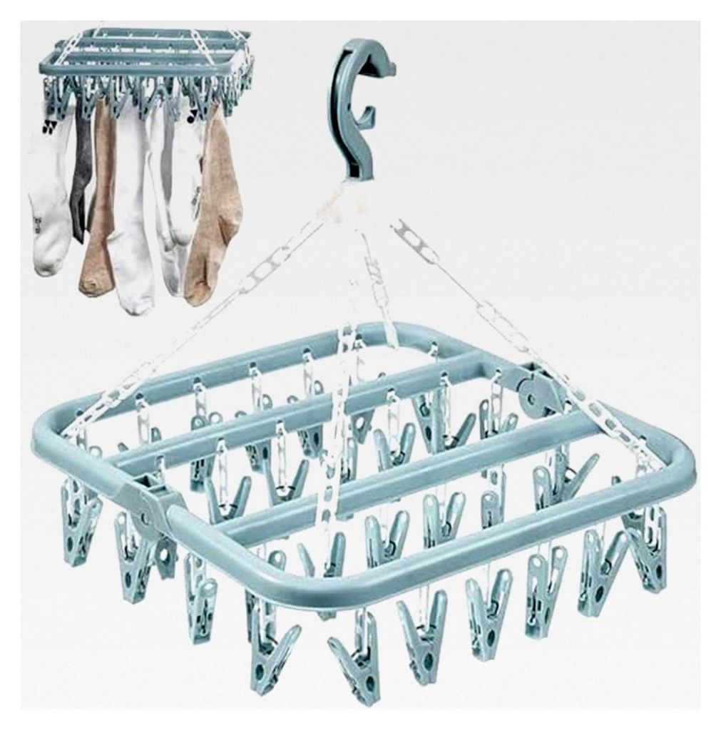 Hängender Wäschetrockner mit 32 Clips – Multifunktionaler Kleiderbügel für Socken, Unterwäsche und kleine Textilien – Platzsparend – Blau