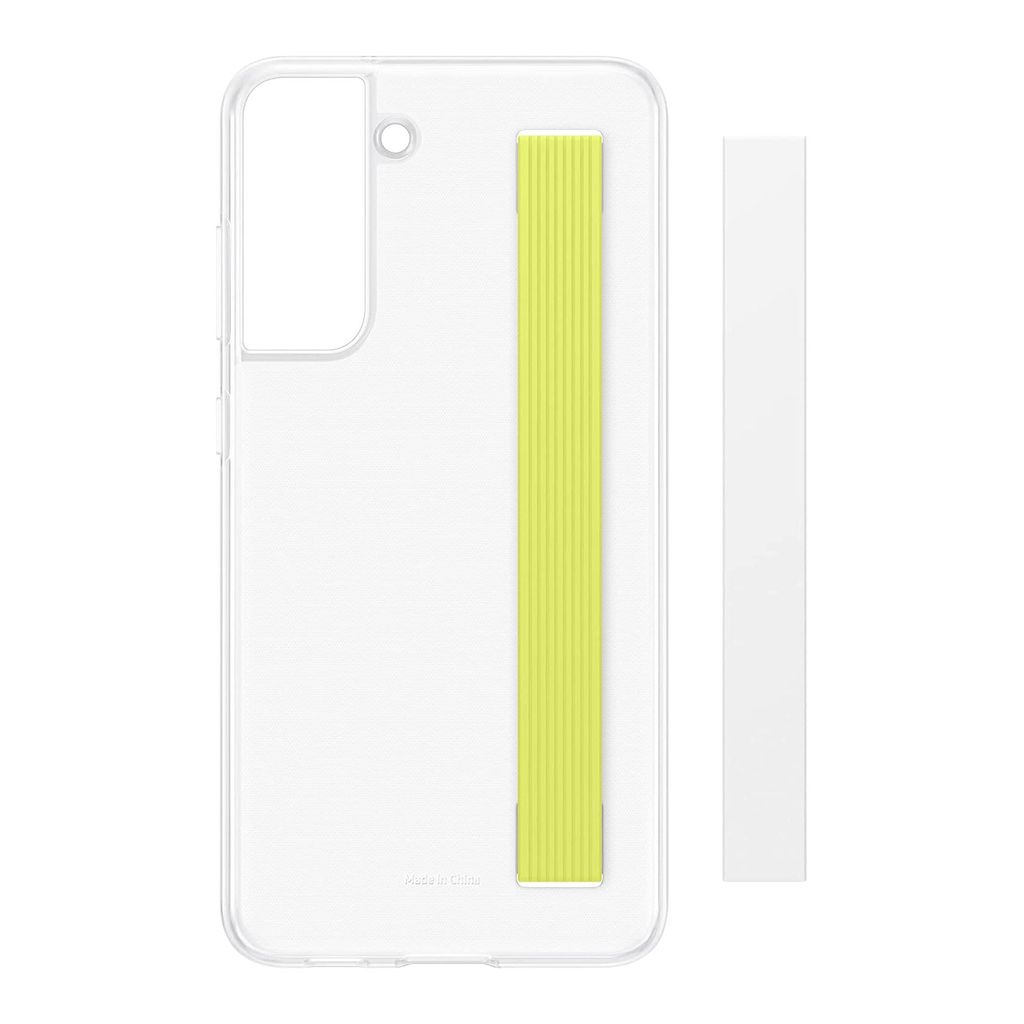A clear, studio shot of a transparent phone case with a yellow strap attached, next to a white strip.
