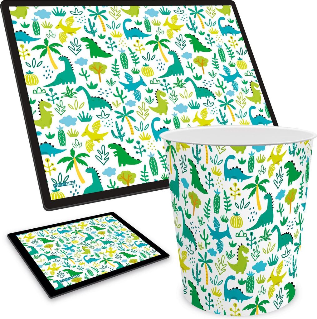 ITENGA Papierkorb Schreibtischunterlage Mauspad Set - ca. 11 Liter - Dinos - Dinosaurier