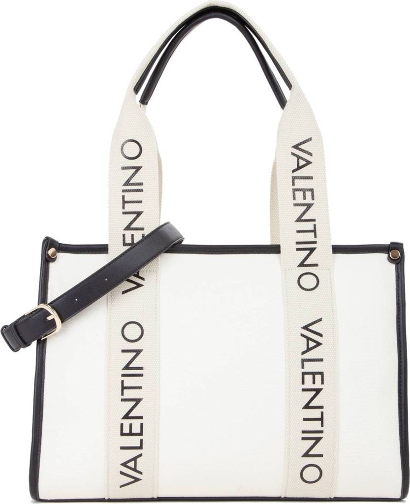 A white tote bag with black trim and straps, featuring the "Valentino" logo printed repeatedly on the straps.