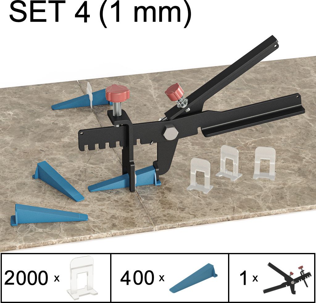 Fliesen Nivelliersystem Verlegehilfe Fliesen Plan System, Set 4, 2000 Laschen, 400 Keile, Zange, 1 mm