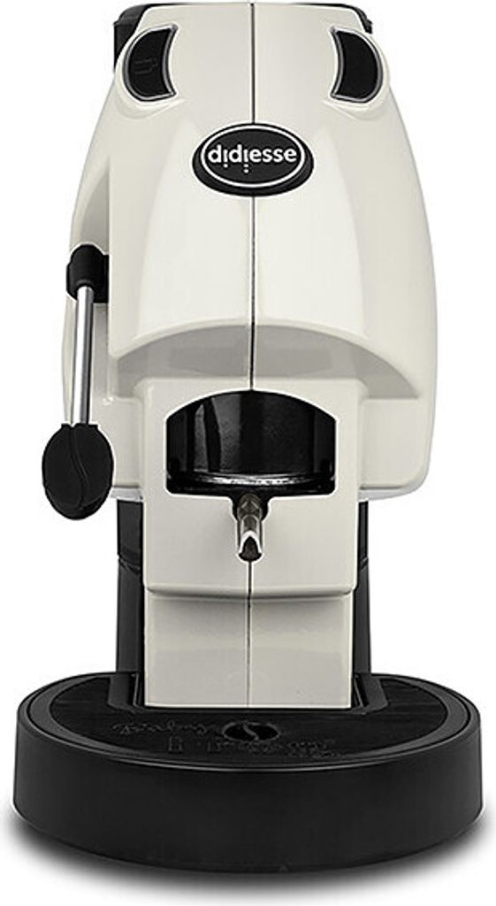 A white and black espresso machine is shown from the front on a white background.