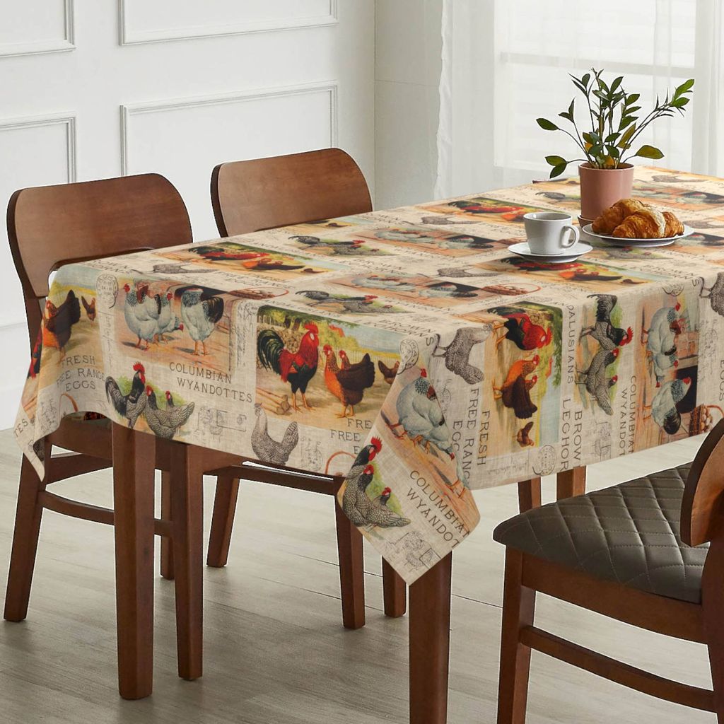 Tischdecke Bauernhof aus Stoff mit Digitalprint Tischtuch EasyClean ACRYL Beschichtet Tischwäsche Digitaldruck Beige 140x140cm mit Schnittkante