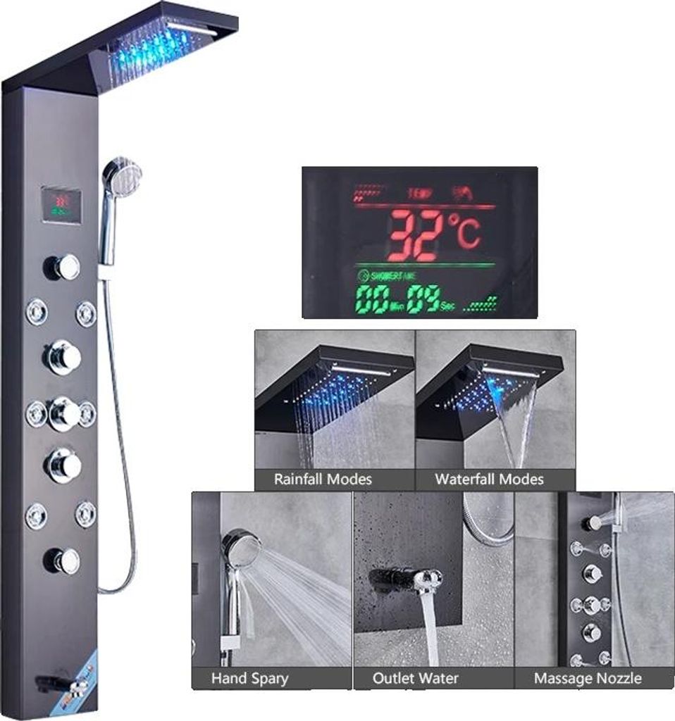 LED Dusche Panel, Wasserfall Regen, Digitale Anzeige, Schwarz 8009