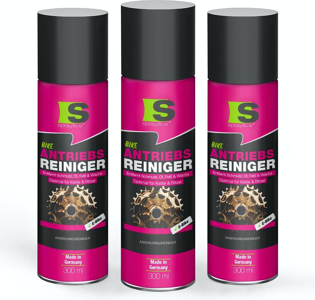 Spraytive 3x 300ml Antriebsreiniger Spray – Kettenreiniger für Fahrrad & E-Bike – entfernt Öl, Fett & Wachs – reinigt Kette, Ritzel & Antrieb