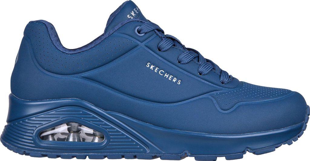 A side view of a blue Skechers sneaker against a white background.