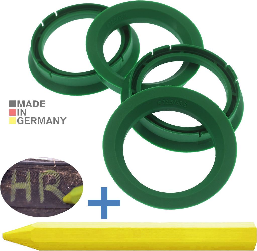 4X Zentrierringe 72,5 x 56,6 mm Grün Felgen Ringe + 1x Reifen Kreide Fett Stift