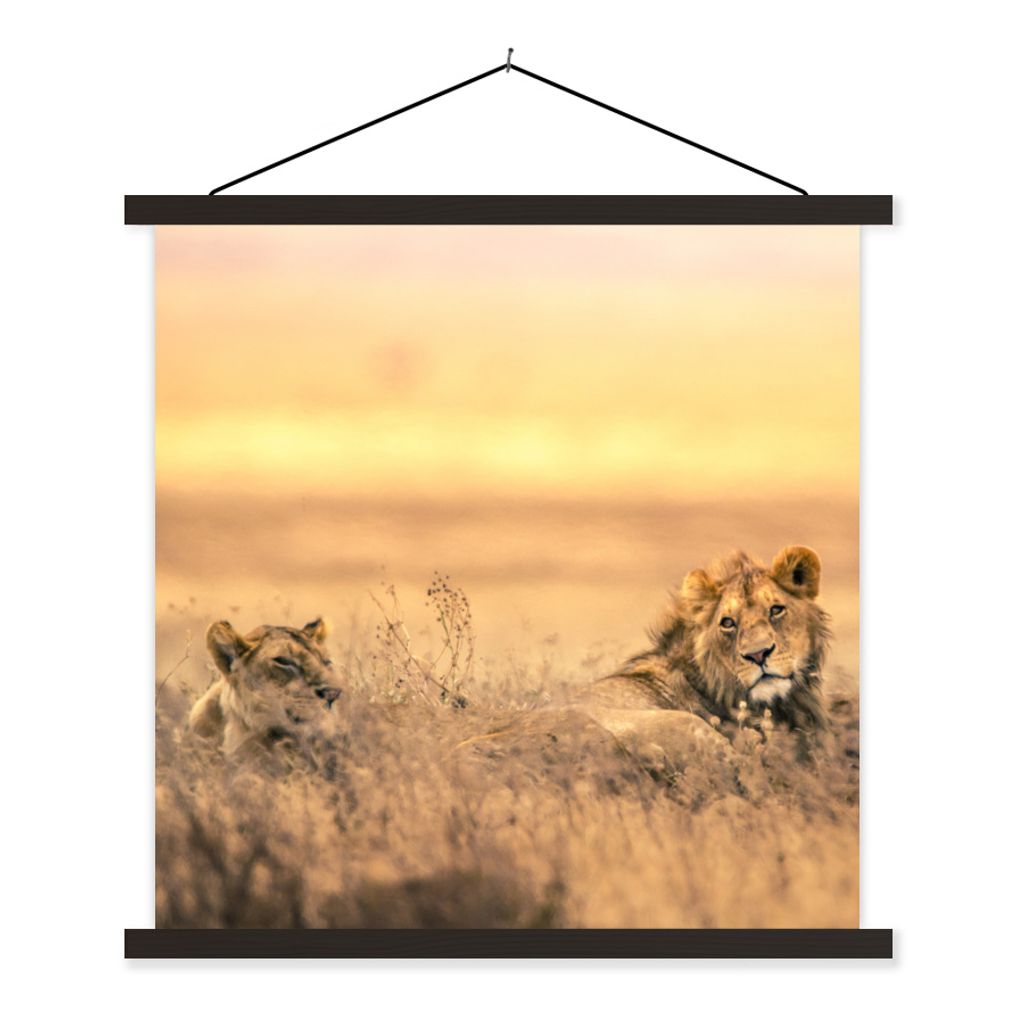 MuchoWow Textilposter Löwen - Gras - Himmel 120x120 cm mit schwarzem Rahmen - Aufhängungsset