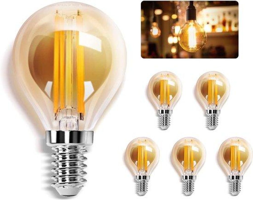 Retro-Glühbirne, 2200K, E14, 400 Lumen, 4W, 37W Äquivalent, G45, 5er-Pack, Ideal für Nostalgie- und Retro-Beleuchtung in Haus, Café, Bar